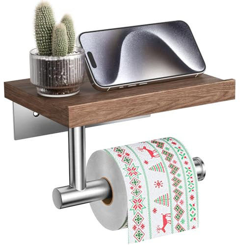 Tindbea Toilettenpapierhalter mit Holzregal, Wandmontierter Holztoilettenpapierrollenhalter, Matt-Nickel-Edelstahl-Badezimmeraccessoires(Walnuss, SUS304 Edelstahl, Gebürstetes Nickel)