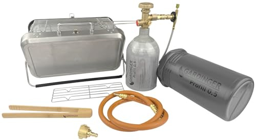 GARDINGER BBQ 42 mobiler Koffergrill aus Edelstahl für Gaskartuschen Holzkohle | Klappbarer Camping-Grill für Picknick Outdoor mit Grillzange | 31x20x7 cm + Profill Set Propanflasche 0,5kg