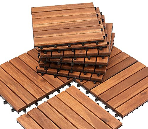Eulenke Holzfliesen Terrassenfliesen aus Akazien Holz, 1m², 11 Stück Gartenfliesen 30 x 30 cm, Klickfliesen Terrassenfliese 6 Latten Fliese für Garten, Terrasse, Balkon