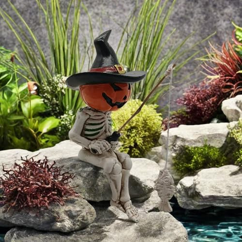 Halloween Fishing Skelett Statue Gartendeko Figuren,Halloween Gartenfiguren Teich Deko,Lustige Angeln Figur Harz Gartenstatuen,für Schlafzimmer Wohnzimmer Terrasse Balkon Rasen Gartenteich Deko (B)