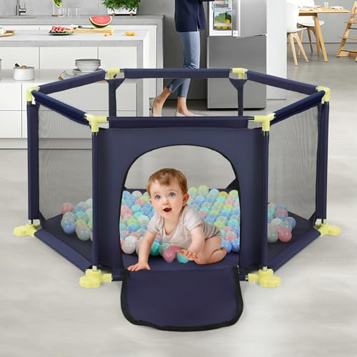Baby Playpen, 6 Panel Portable Anti-Slip Safety Play Yard with Breathable Mesh and 30 Play Balls, Indoor & Outdoor Kids Activity Centre Play Fence for Baby Toddlers Infant, Dark Blue