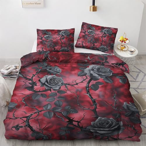 Générique Housse de Couette 220x240 Rose Rouge - Parure de Lit 2 Personnes Reversible Motif Gothique avec Fermeture éclair - Ensemble de Literie en Microfibre Douce avec 2 Taies d'oreiller L#&-17