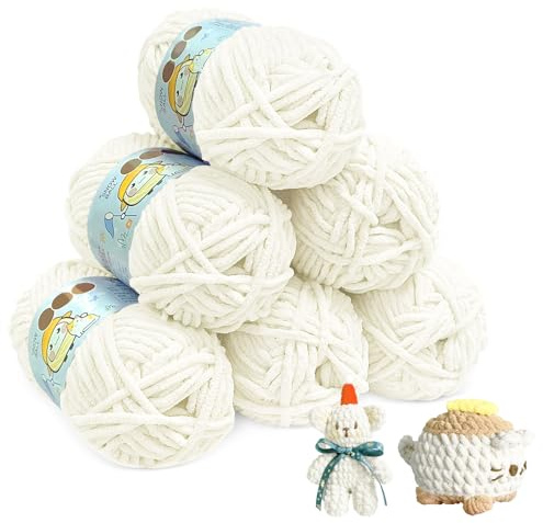 Chenille Wolle zum Häkeln, 6x50g Flauschige Wolle Milchig Weiß, Kuschelwolle, Häkelwolle Flauschig, Flauschige Wolle zum Häkeln Weiche für Amigurumi, Puppen, Hüte, Schals und DIY Kunsthandwerk