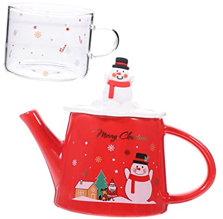 BUGUUYO Christmas Snowman Ceramic Tea Pot and Cup Set Portable Cartoon Tea Kettle Small Red Ceramic Teaware for Home and Office Xmas Party 2pcs