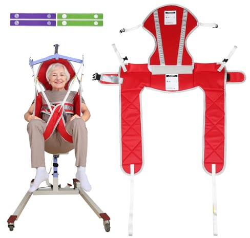 Hoyer Lift Sling for Toileting，Divided Leg with Head Support Sling for Patient Lifts Red Lift Sling, 500lb Weight Capacity (Medium with Head Support)
