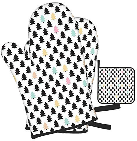 4 Stück Ofenhandschuhe Set Schöner Kleiner Skandinavischer Weihnachtsbaum Topfhandschuhe Doppelschicht Grillhandschuhe Druck Topflappen Pad, Für Küche, Cafe, Mikrowelle