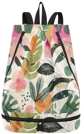 Yoogain Tropiska löv och blommor dragsko fotbollsväskor trendiga väskor för män med våta torra fack, Tropiska blad och blommor, 1 size