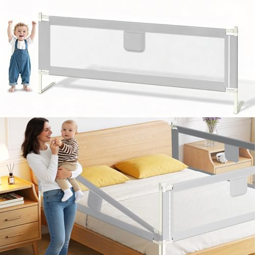 Jaxguom Bettgitter 200cm, Bettgitter Rausfallschutz Bett Höhenverstellbar 64-96cm, Bettschutzgitter Kinderbettgitter mit Luftiges Netz für Kinder & Elternbetten, Grau