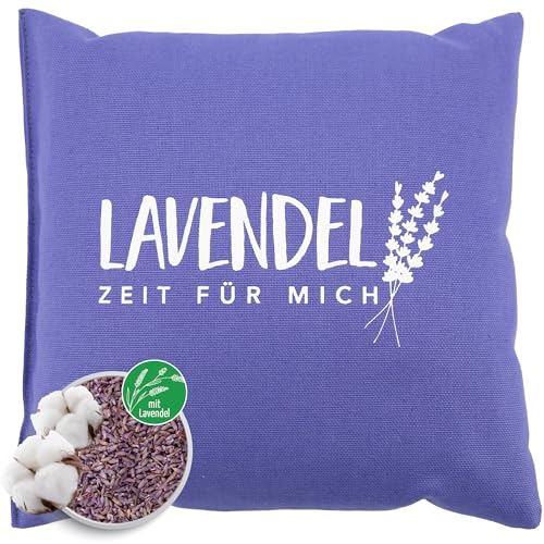 HERBALIND Lavendelkissen 20x20 cm – Duftkissen mit Lavendelblüten & Schafschurwolle, 100% Baumwollbezug mit Aufdruck „Zeit für Mich“, Farbe Lavender – Kräuterkissen, Dekokissen, Made in Germany