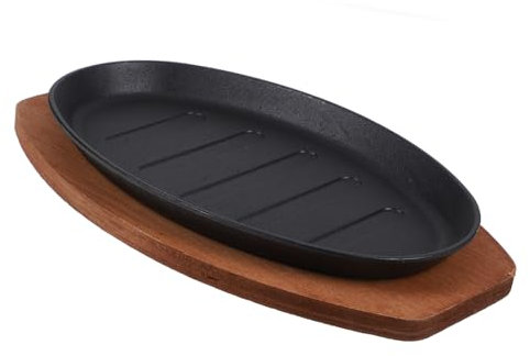 LOPUNER Parrilla y Fácil de Limpiar Superficie Lisa Hierro Fundido, con Base de Madera Plancha, para Filetes Adecuado para Cocinar Queso y Pescado