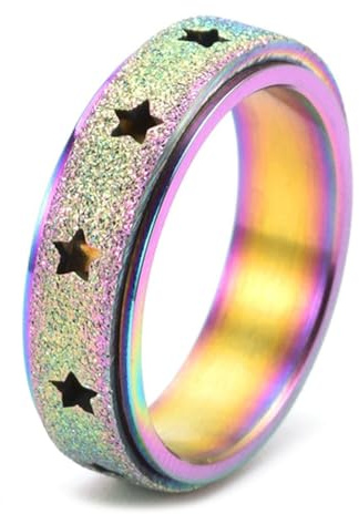 Calefee Drehringe Damen Anti Stress, Personalisierte Ringe Herren Edelstahl Regenbogen Drehbar Bandring mit Stern 6 mm Breit, Größe 49