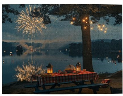 500 Piece Picnic Puzzle for Adults – Fireworks Over Lake with Table Lanterns and String Lights, Cozy Outdoor Evening Scene