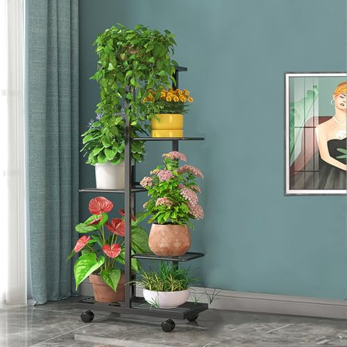 Support de plantes en métal à 5 niveaux avec roulettes – Étagère polyvalente pour intérieur/extérieur pour 6 plantes en pot, idéale pour terrasse, jardin, balcon, salon, chambre à coucher (noir)