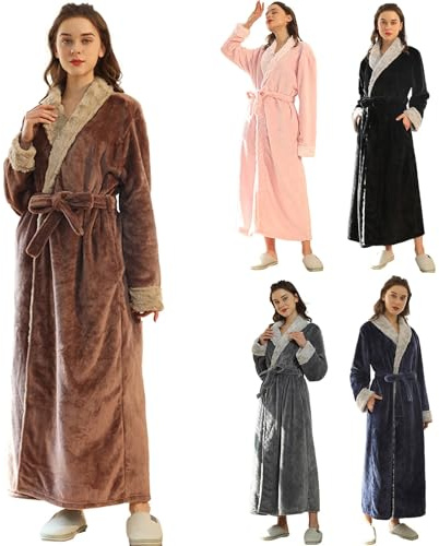 Badrock dam fluffig lång, morgonrock dam långärmad morgonrock vinter, badrockar flanell, basturock, varma hemmakläder utan huva, loungewear, plysch, sovrock, mysig kimono, badrock, kaffe, L