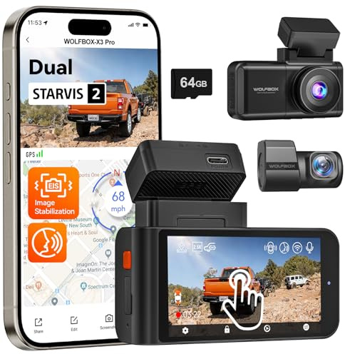 WOLFBOX X3 PRO Dashcam Auto, Dual 5MP STARVIS 2 IMX 675, 1440P 60FPS+1440P ADAS Dashcam Auto Vorne Hinten, Bildstabilisierung mit 5.8GHz WiFi, Sprachsteuerung & Touchscreen, 64GB Karte & GPS Inklusive