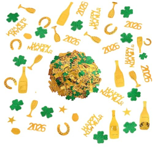 Silvester Deko 2026,Silvester Tischdeko,Glücksbringer Konfetti Neujahr,Streudeko Kleeblatt,für 2026 New Happy Year,Gold Silvesterdeko Mini Dekoration,Glitzer Grün Kleeblätter,Tisch Decoration 15g