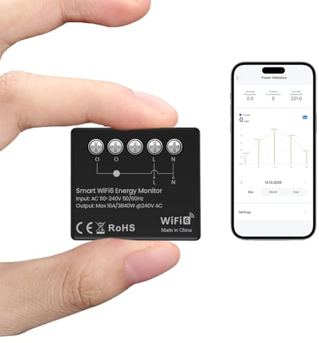 WIFI Smart Stromzähler, 1 Kanal Leistungsmessung 16 A, WLAN 6 Echtzeit-Energiemonitor, kompatibel mit Tuya/Smart Life Apps, ohne Relais-Schalter AC 100-240V