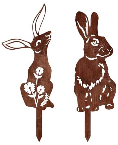 Osterdeko Hase Gartenstecker Edelrost, Kaninchen Gartenstecker Rost Metall Hase Ostern Deko, 30cm Hoch Osterhasen Blumenstecker Frühlingsdeko Osterhase Gartendeko für Draußen Wetterfest (2 Stück)