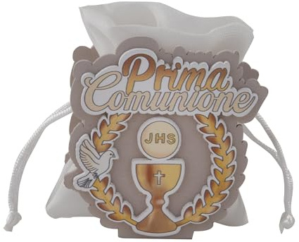 Doni Bomboniere Communion Lot de 12 boîtes pour dragées, avec sac de tirage et sur le devant, symboles sacrés du calice Ostia l'inscription Idées cadeaux complètes originales bon marché