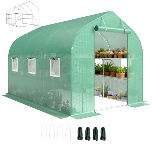 Outsunny Serre Tunnel de Jardin 6m² avec étagères 198x293x194cm Porte Vert