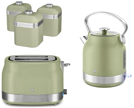 Swan Retro Revive Green Traditional Stovetop Design Electric Kettle, 2 Slice Toaster and Retro Tea, Coffee, Sugar Canisters. Matching Retro Kitchen Bundle Set in Vintage Green with Chrome Accents