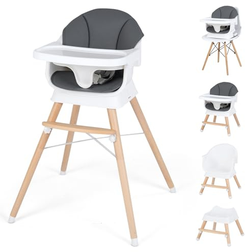 COSTWAY Trona Convertible para Bebés, Silla Alta de Alimentación Evolutiva con Bandeja y Cojín Desmontables, Arnés de 5 Puntos y Patas de Madera, Taburete Portátil Infantil para 6-36 Meses