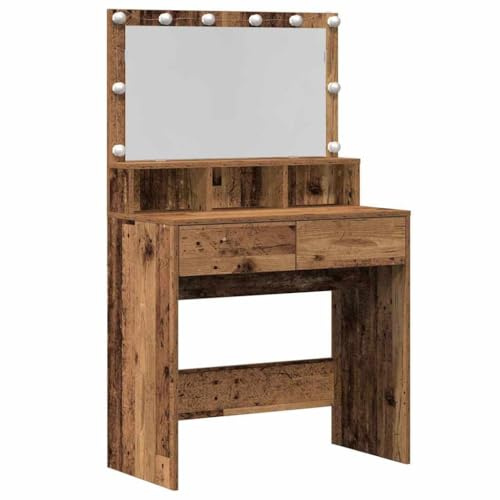 Drillkyn Tavolo da toeletta con ripiano, in legno anticato, 80 x 41 x 134,5 cm, moderno, con spazio per riporre oggetti e illuminazione a specchio a LED, salvaspazio, stabile e durevole, per
