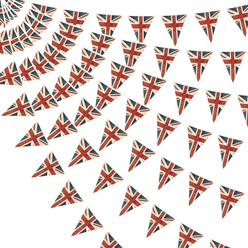 33Ft Vintage Union Jack Burlap Banner British UK Triangle Flag Party Decorations Retro Fabric United Kingdom Pennant Bunting for Football World Cup King's Coronation VE Day Sports Royal Street Party