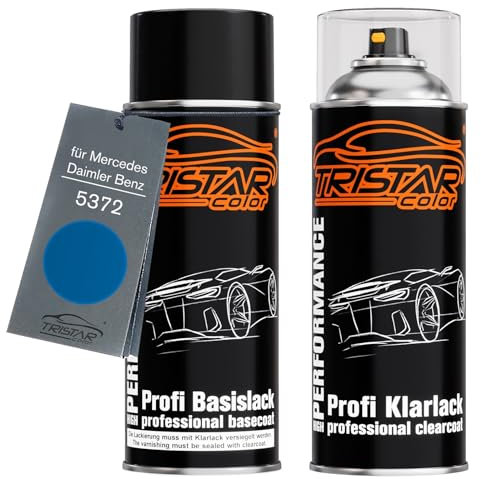 TRISTARcolor Autolack Spraydosen Set für Mercedes/Daimler Benz 5372 Lazulithblau Metallic/Sapphire Blue Metallic Basislack Klarlack Sprühdose 400ml