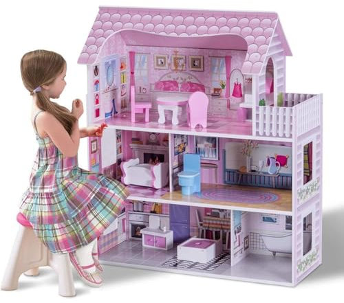 COSTWAY Casa de Muñecas de Madera, Casa Muñecas de 3 Niveles con Accesorios para Niños y Niñas Más de 3 Años, Juego de Roles Infantil, Casita de Muñecas de Ensueño, 61 x 26,5 x 71 cm, Rosa