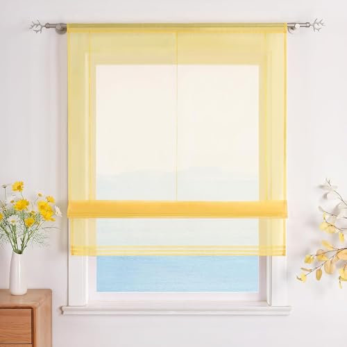 ESLIR Raffrollo Küche Raffgardine mit Tunnelzug Bändchenrollo Weiß Voile Gardinen Transparent Gelb BxH 60x155cm 1 Stück