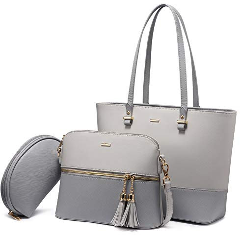 LOVEVOOK Handtasche Damen Shopper Schultertasche Blau Umhängetasche Groß Damen Tasche für Büro Schule Einkauf Reise Leder Handtasche 3-teiliges Set, Hell Grau-Dunkelgrau