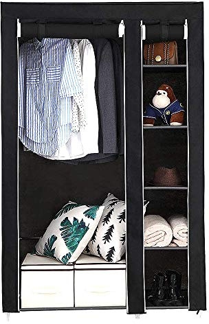 YJIIJY Kleiderschrank, Stoffschrank, Faltschrank mit Kleiderstange, 172×105×43cm, Schwarz