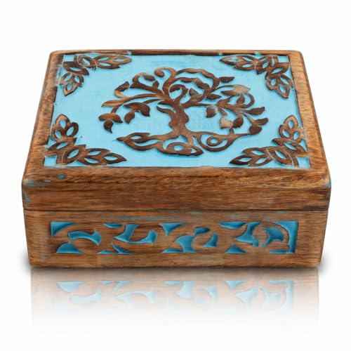 Tolles Geburtstagsgeschenk handgefertigte dekorative hölzerne Schmuckkasten Baum des Lebens schnitzen Schmuck Organizer Andenkenbox Schatztruhe Halter Watch Box Aufbewahrung Schloss Box (Blue)