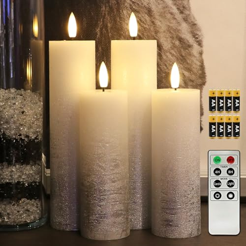 Fanna 4 flamlösa LED-ljus i silver med texturerad vaxfinish, realistiska hushållsljus med varmvitt ljus, batterier och fjärrkontroll ingår - Dia.2 inches