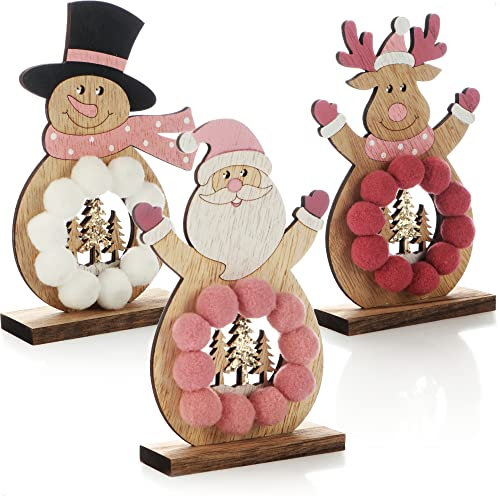com-four® 3x wooden stand for Christmas - reindeer, Santa Claus and snowman made of wood to stand - decorative wooden figures ornamental decorations (Trio - light pink/white/pink)