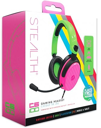 STEALTH C6-100 Neon Pink & Green Over Ear Gaming Headset PS4/PS5, XBOX, Switch, PC med flexibel mikrofon, 3,5 mm uttag, 1,5 m kabel, lätt, bekväm och hållbar