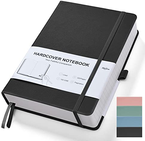 Notebook A5 liniert Journal Notizbuch - 320 Nummerierte Seiten Hardcover Notizbücher mit Frei Haftnotizen Teiler/Innentaschen, 100g/m² Tintenfestes Papier, für Frauen Männer Büro Schule, Schwarz