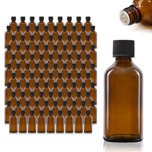 Oputec Flacons compte-gouttes en verre - 50 ml - Bouteilles de pharmacien marron avec goutteur - Petites bouteilles en verre avec bouchon à vis à remplir (105 x 50 ml)