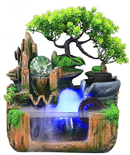 Fuente de escritorio con cascada, Fuente de rocalla, Fuente interior con plantas nebulosas, Fuente ornamental con cascada de oficina