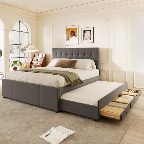 Merax Polsterbett 140 x 200 cm mit 3 Schubladen, Doppelbett Bettgestell mit ausziehbares Bett, Familienbett mit Lattenrost und Höhenverstellbarem Kopfteil, Leinenmaterial, ohne Matratze, Grau