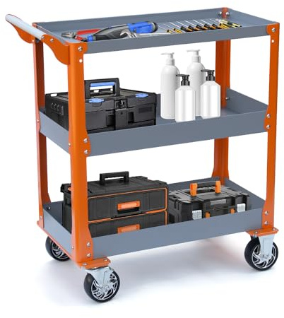 HPDMC 3-Tier Utility Cart 1000lbs Capacity Heavy Duty Metal Service Cart with Wheels, Rolling Tool Cart on Wheels, Garage Tool Push Cart for Mechanic, Garage, Workshop, Warehouse, Office