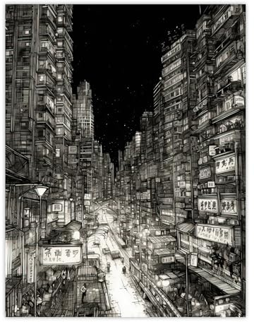 Artery8 Downtown Tokyo Sketch Cityscape Pen & Ink Drawing Japan Black White Extra Large XL Wall Art Poster Print