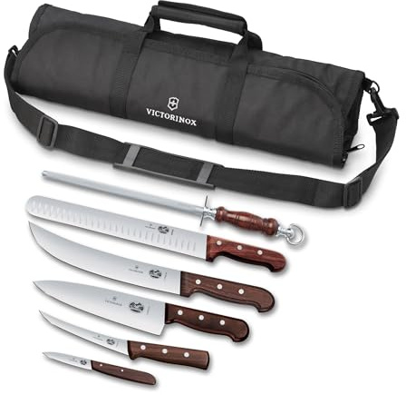 Victorinox Wood 7 Piece BBQ Cutlery Roll Set with 3.25 In Paring Knife and Storage Bag