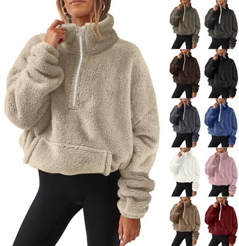 Fleecejacke Damen,Reißverschluss Ausschnitt Pullover Mit Tasche Teddy Fleece Hoodie Warm Teddyjacke Stehkragen Sweatjacke Winterjacke Weich Übergangsjacke Komfort Mantel Plüschjacke Jacken