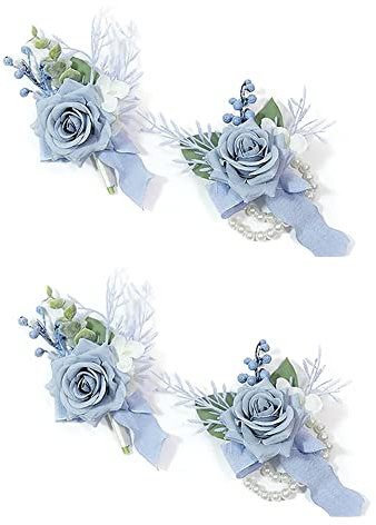 Lckiioy 4-Teiliges Set mit Ansteckblume und Boutonniere in Staubigem Blau, Accessoires für Den Abschlussball, Ansteckblume für das Handgelenk