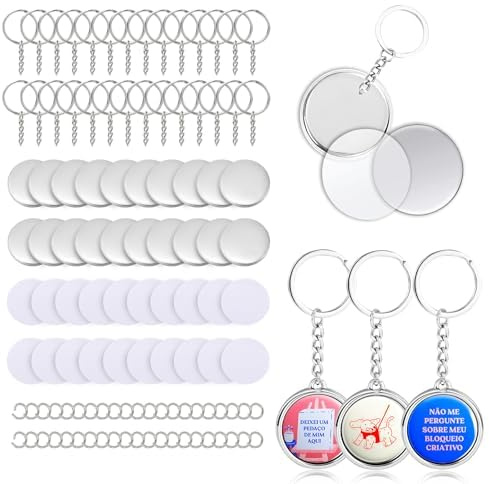 Lot de 50 porte-clés double face de 32 mm pour fabrication de badges, y compris anneau en métal, porte-clés, coque en métal, coque arrière en et film plastique