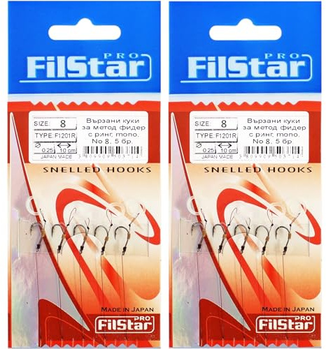PRO FILSTAR Angelhaken Set für Method Feeder 10 STK N8 Vorfach Monoschnur | 10cm, DIA 0,25mm - Angeln Karpfen Zubehör - Ringhaken für Pellets - Ring Hook - Karpfen Rig Haken Set - Sport Set