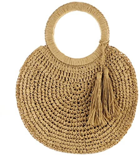 ASHSDI Strohtaschen Damen Damen Sommer Gewebte Tasche Tote Leichte Runde Strandtasche Griff Gewebte Handtasche Mit Quastenkupplungen Sommer Strohsack Strandtasche (Color : A)