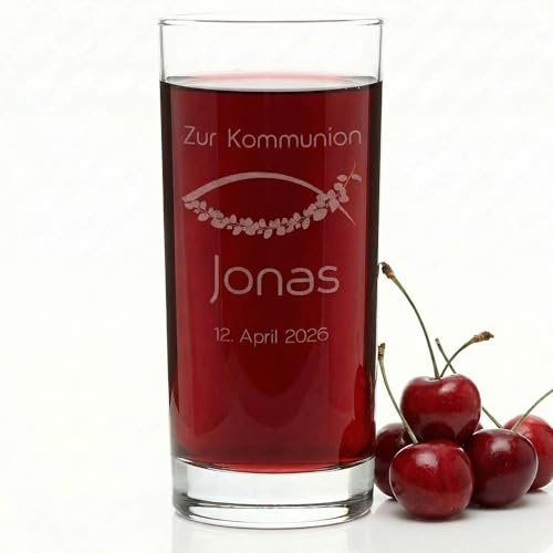 Striefchen® Trinkglas mit Gravur als Kommunion Geschenke für Jungen oder Geschenk Konfirmation Mädchen mit Name und Datum als Erinnerung zur Erstkommunion
